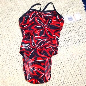 Speedo endurance red and black swimsuit